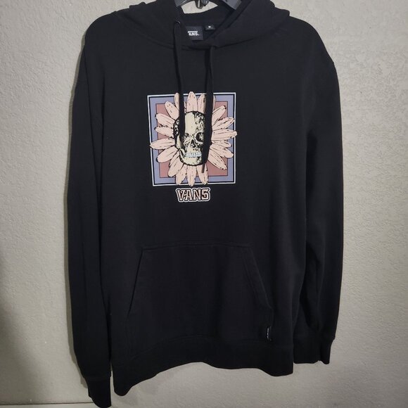 Vans Black Hoodie Medium Mens Skull & Flower Graphic Goth Skater - Picture 1 of 11